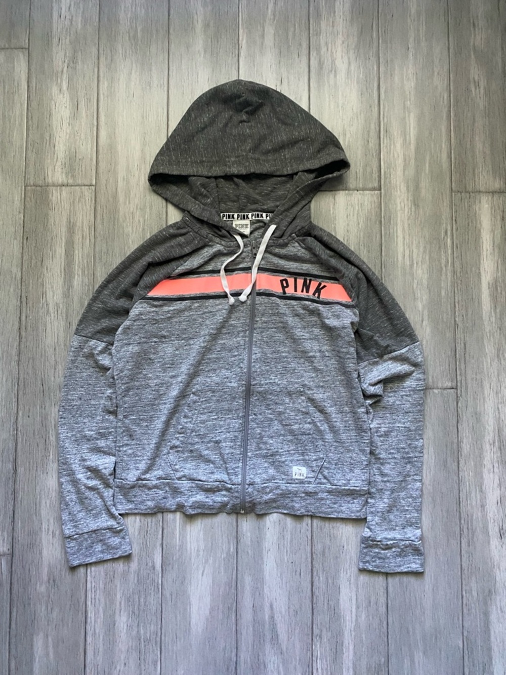 PINK Full-Zip Hooded Jacket in Heather Gray with Coral Accent Womens